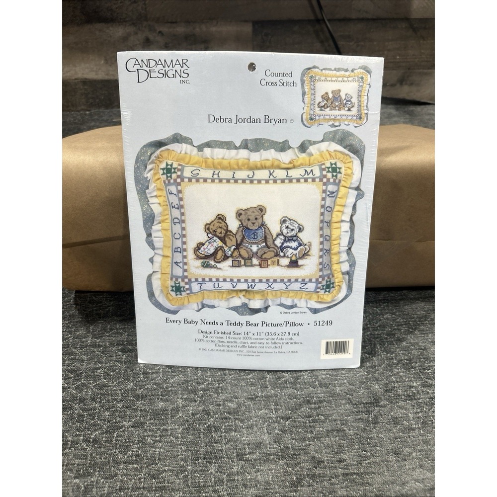 2001 Candamar Designs Counted‎ Cross Stitch Kit Teddy Bear Baby Pillow Kit 51249
